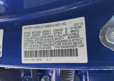 2019 Honda Accord Sport z USA, uszkodzony, nr VIN 1HGCV1F37KA072205